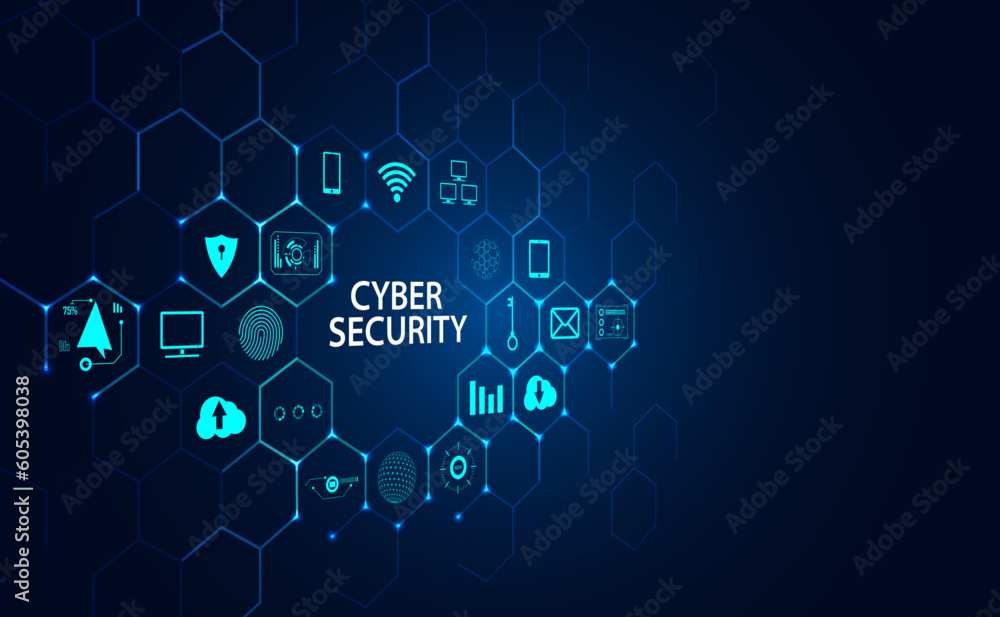 Cyber security concept, padlock and icons on hexagonal grid, blue background, beautiful, futuristic Cyber security concept, padlock and icons on hexagonal grid, blue background, beautiful, futuristic