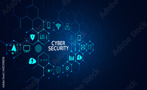 Cyber security concept, padlock and icons on hexagonal grid, blue background, beautiful, futuristic
