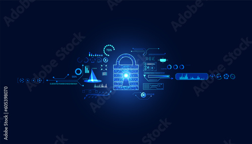 abstract circle digital cyber security hud interface padlock connection and communication futuristic on blue background.