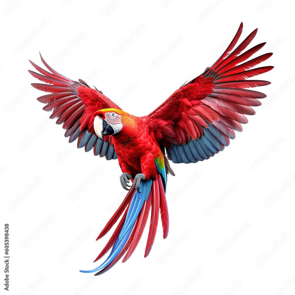 Fototapeta premium Scarlet macaw parrot flying isolated on transparent background Generative AI