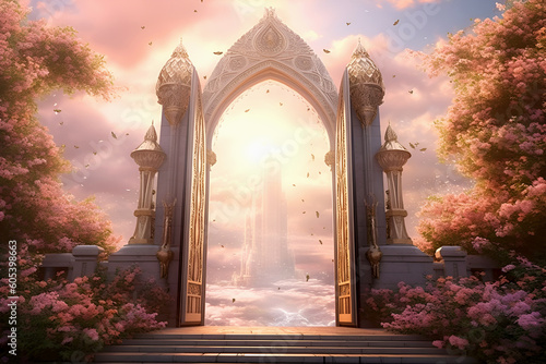 Majestic gates in flowers of paradise. Boundless cloudy shining sky. Door to bright future. Generative AI