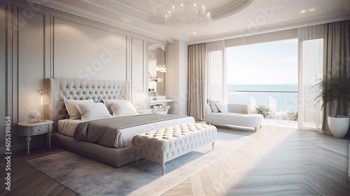 Luxurious master bedroom with king-size bed and ocean view through window. AI generated. © Oksana Kumer