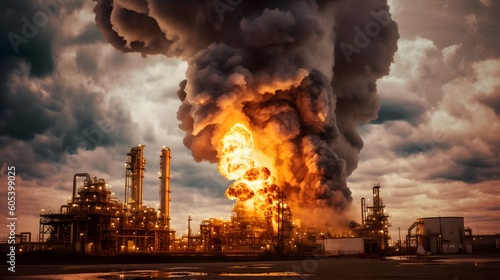 Oil Refinery Explosion with Large Smoke and Fire Cloud, Generative A.I.