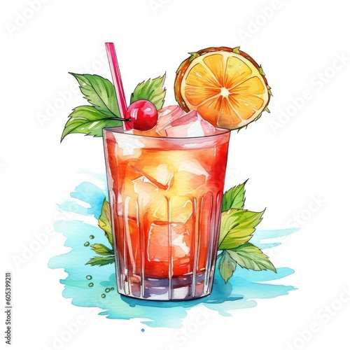 Mai Tai Cocktail isolated on white drawn with watercolor (generative AI)