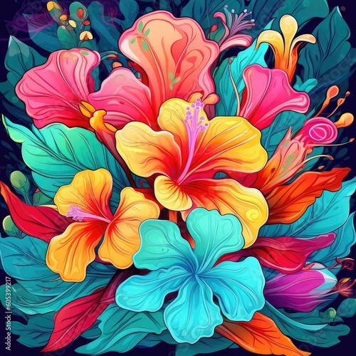 A template featuring a colorful  exotic floral illustration.  Generative AI 