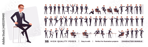 Businessman character set, professional business bundle. Office man, nice male manager workwear, poses, emotions, office situations. Vector flat style cartoon character isolated, white background