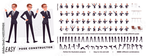 Businessman character easy pose constructor. Office man drag, drop set, male assistant body match, secretary figure building. Vector flat style cartoon construction kit isolated, white background