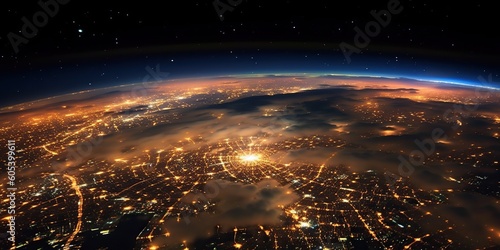 AI Generated. AI Generative. Photo illustration shot from space galaxy of earth planet with night lights. Graphic Art