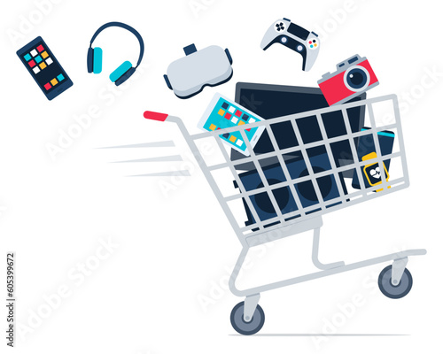 Shopping cart full of electronics