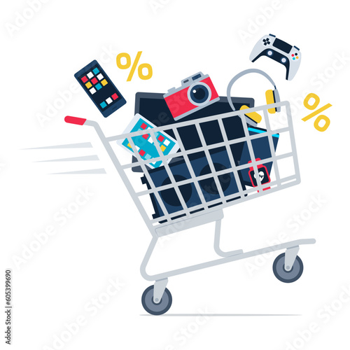 Shopping cart full of electronics