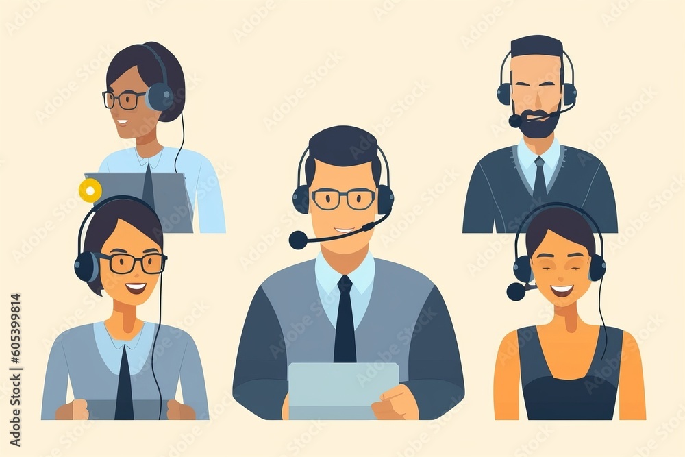 Help desk, call center. Customer service, hotline operators with headsets. Online technical support 24 h. illustration, Generative AI Help desk, call center. Customer service, hotline operators with headsets. Online technical support 24 h. illustration, Generative AI