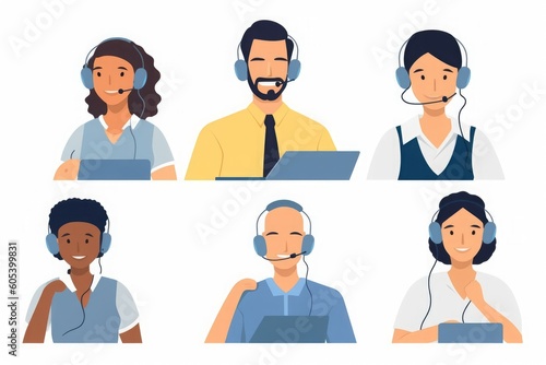 Help desk, call center. Customer service, hotline operators with headsets. Online technical support 24 h. illustration, Generative AI