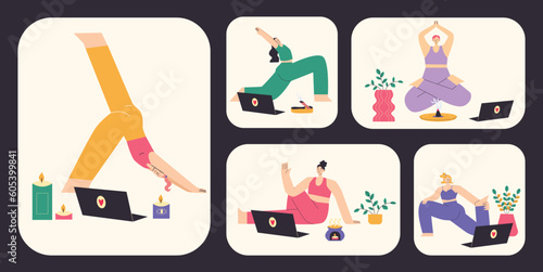 Yong woman watching online yoga classes on laptop, practicing yoga at home.