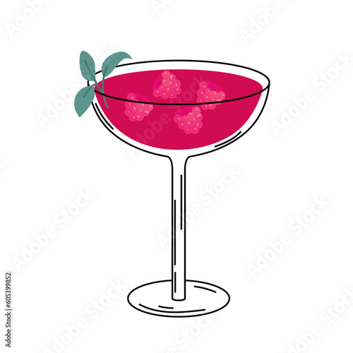 Glass of cocktail with raspberry. Summer cocktail isolated on white background. Pink alcoholic drink with ice cubes and berries and mint. Cocktail for menu, bar. Vector illustration