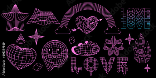 Set of geometry grids and wireframe shapes. Y2K retro wave. 2000s style cyberpunk design elements. Rainbow, 3d hearts, stars, smile face, flame, love inscription. Psychedelic rave style. Vector