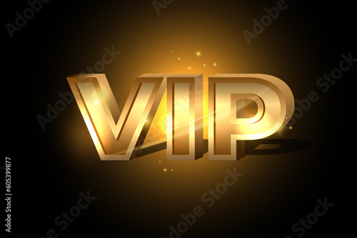 Luxury golden VIP text. Shiny very important person 3D inscription. Glittering gold premium VIP card. Glowing sign of exclusivity. Vector illustration.
