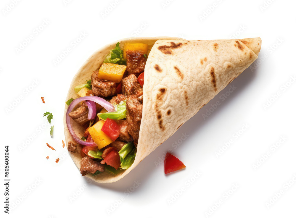Mexican tacos with beef in tomato sauce and salsa isolated on a white background Mexican tacos with beef in tomato sauce and salsa isolated on a white background