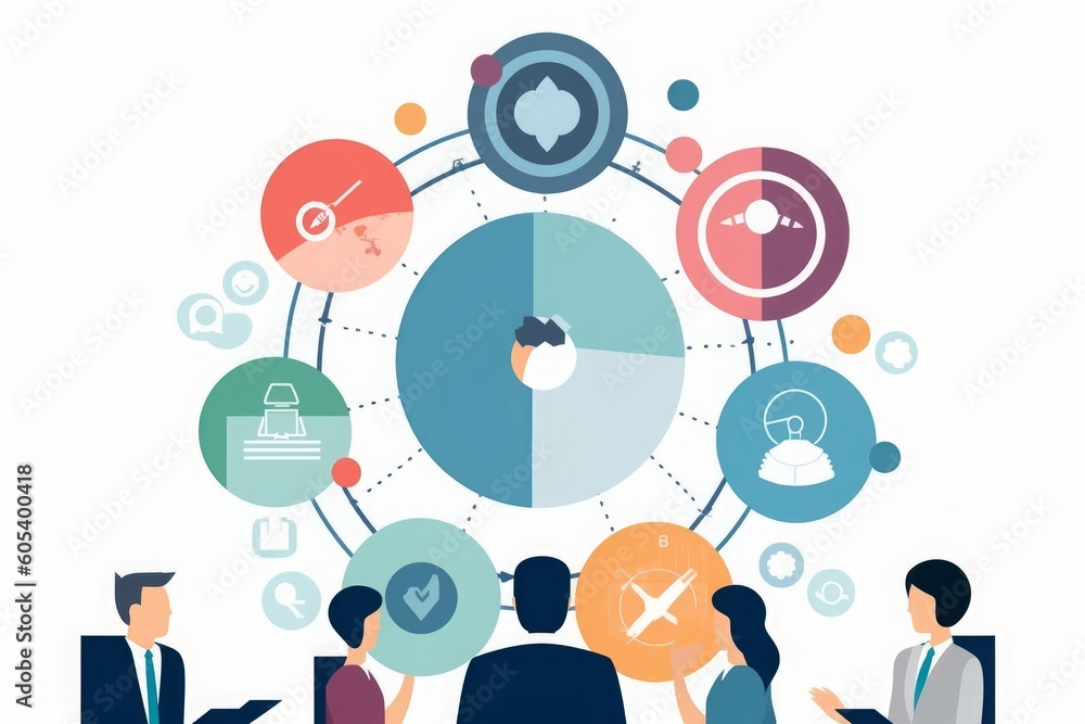 The leader, team and rotating business icons. Business strategy illustration. Generative AI The leader, team and rotating business icons. Business strategy illustration. Generative AI