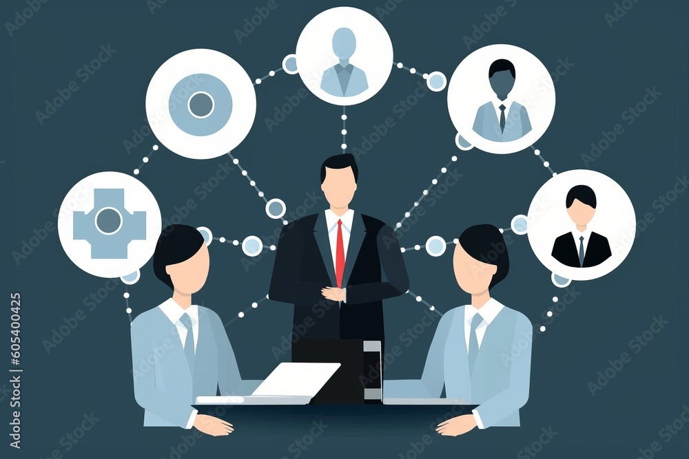 The leader, team and rotating business icons. Business strategy illustration. Generative AI The leader, team and rotating business icons. Business strategy illustration. Generative AI