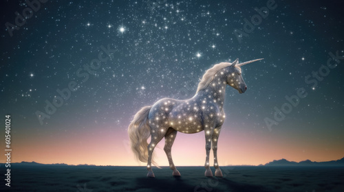 Magical unicorn with a horn made of stars against a stray night background. Sparkly horse for a birthday theme postcard. Generative AI