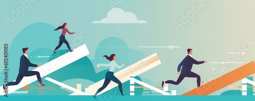Overcoming business obstacles. Workers jump over rising obstacles like hurdle race. Business illustration, Generative AI