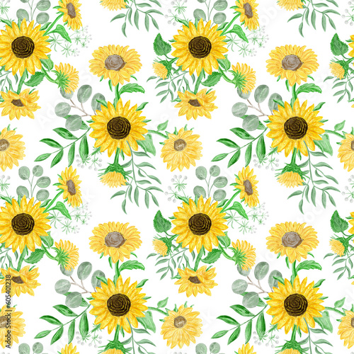 Printable seamless pattern with watercolor sunflowers on white. Modern floral background for textile, fabric, wallpaper, wrapping, gift wrap, paper, scrapbook and packaging