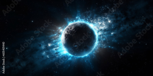 Blue force field covering planet in space, nebula background. AI generated.