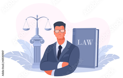 Male businessman in a suit, lawyer, advocate, notary, manager. Scales and book of law. The concept of a lawyer's services, legal protection in court.