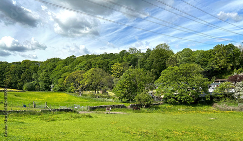 Rural landscape, with fields, dry stone walls, horses, farms, and a distant forest near, Shibden Hall Road, Halifax, UK photo