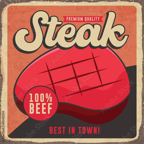 Retro Vintage Beef Steak Barbeque Poster vector template.