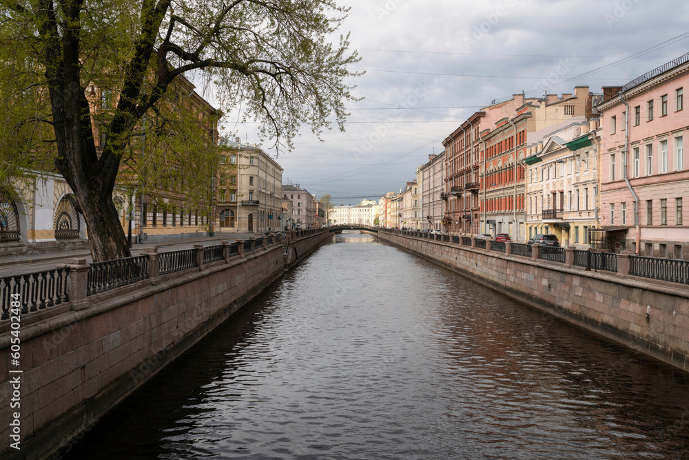 Embankment of the Griboyedov Canal on a sunny spring morning, Saint Petersburg, Russia