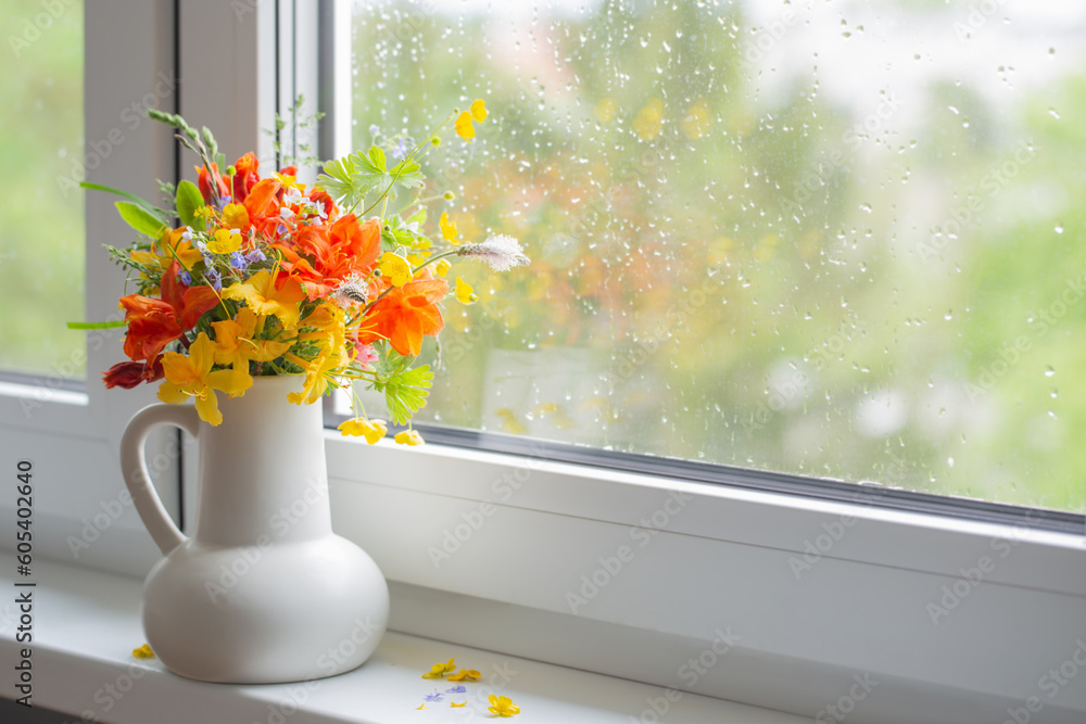 summer flowers in white jug on windowsill - obrazy, fototapety, plakaty 