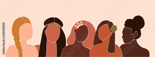 Banner with women in different skin and hair colors. Faceless vector illustration. EPS 10