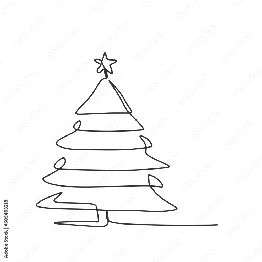 continuous line one line christmas tree star decorated with presents beside christmas hand drawn illustration vector