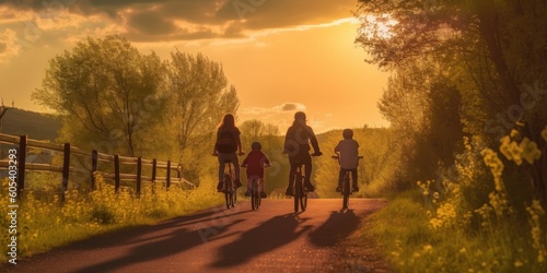 Happy family cycling along a scenic trail, with the golden sun setting behind them. Generative AI.