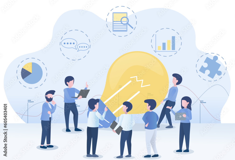 Business ideas. Group of business analysis data, marketing plan, creative ideas. Innovation business to achieve success. Meeting and discussing goals and target. Flat vector illustration.