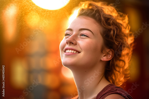 happy young woman who is thinking with Generative AI