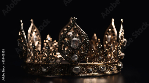 A crown on a black background is highlighted. Low key image of beautiful queen crown. Gold crown. Realistic 3D illustration. Generative AI