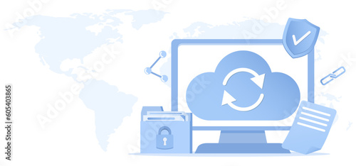 Cloud computing data concept. Online storage, database protection, sensitive data recovery, synchronization technology, upload and download. Flat vector design illustration with copy space.