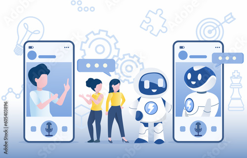 Concept of communication between humans and robots. Online meetings or chats, to guide planning, marketing, learning, provide assistance, support and connecting to achieve success. 