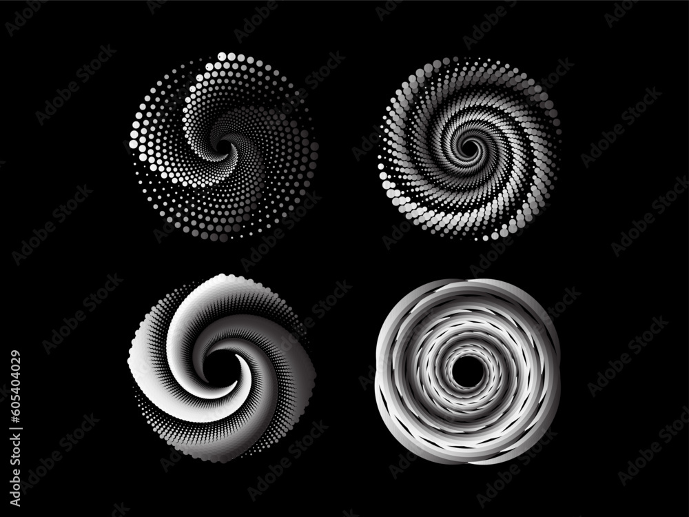 Set of Dots, spiral circles, swirls, rotating black background Set of Dots, spiral circles, swirls, rotating black background