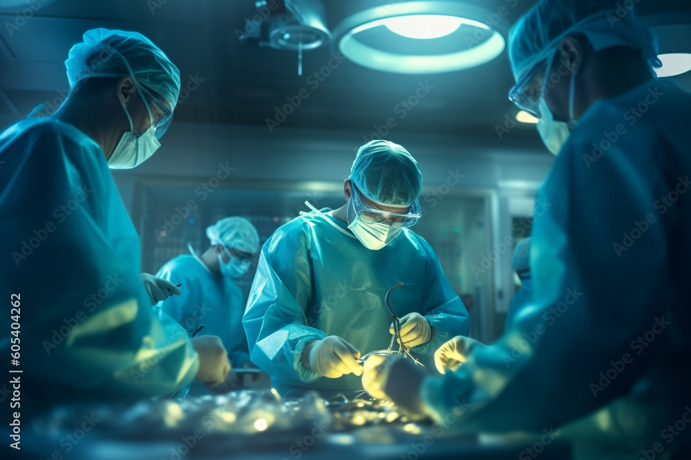 three surgical operators working in a bright hospital operating room with Generative AI three surgical operators working in a bright hospital operating room with Generative AI