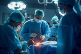 three surgical operators working in a bright hospital operating room with Generative AI