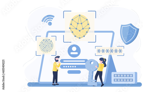 Safety and security technology concept. Register online on the website or application for access. Protect personal details, password protection, firewall, sensitive data. Flat vector illustration.
