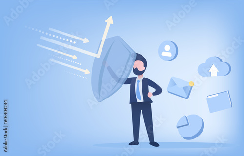 Protector holding a shield reflect an arrow. Support and protect for personal detail, data information, and other sensitive details. Flat vector illustration with copy space.