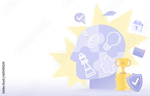 Business ideas concept. Design realistic symbolic elements of brainstorming, learning, strategy plan, tactical thinking and management to achieve success. Flat vector design illustration.