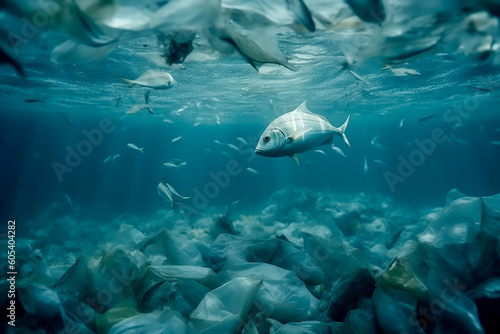 A discarded plastic carrier bag in a waters, blue water ocean with lots of human waste trash. Underwater littler garbage sea pollution. Environmental problem - plastic contamination. Generative AI.
