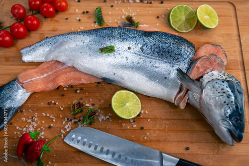 Fresh raw salmon fish on th...