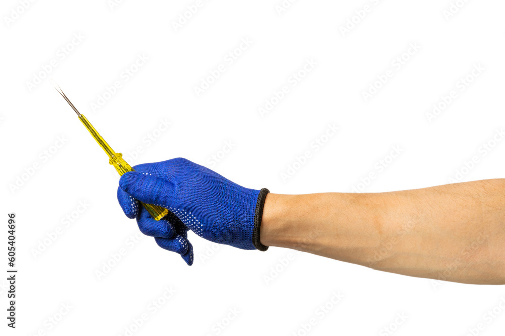 Electrician. Electrician's hand with tools isolated on white background. Electrician's tool. workforce. Electrical tester screwdriver in hands. Electrician. Electrician's hand with tools isolated on white background. Electrician's tool. workforce. Electrical tester screwdriver in hands.
