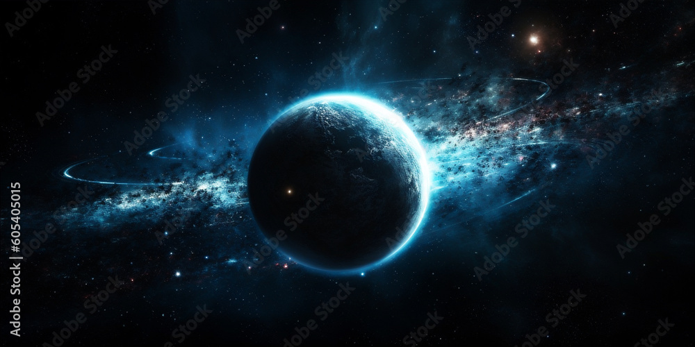 Obraz premium Blue force field covering planet in space, nebula background. AI generated.